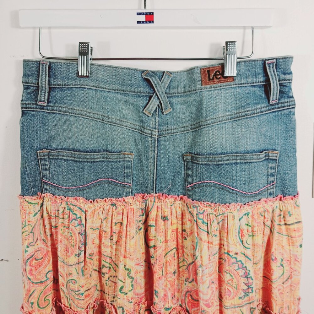 Lee, Mixed Media Midi Skirt Denim/Cotton Print, Size 9 M, Tiered Bottom, Western - Picture 10 of 16